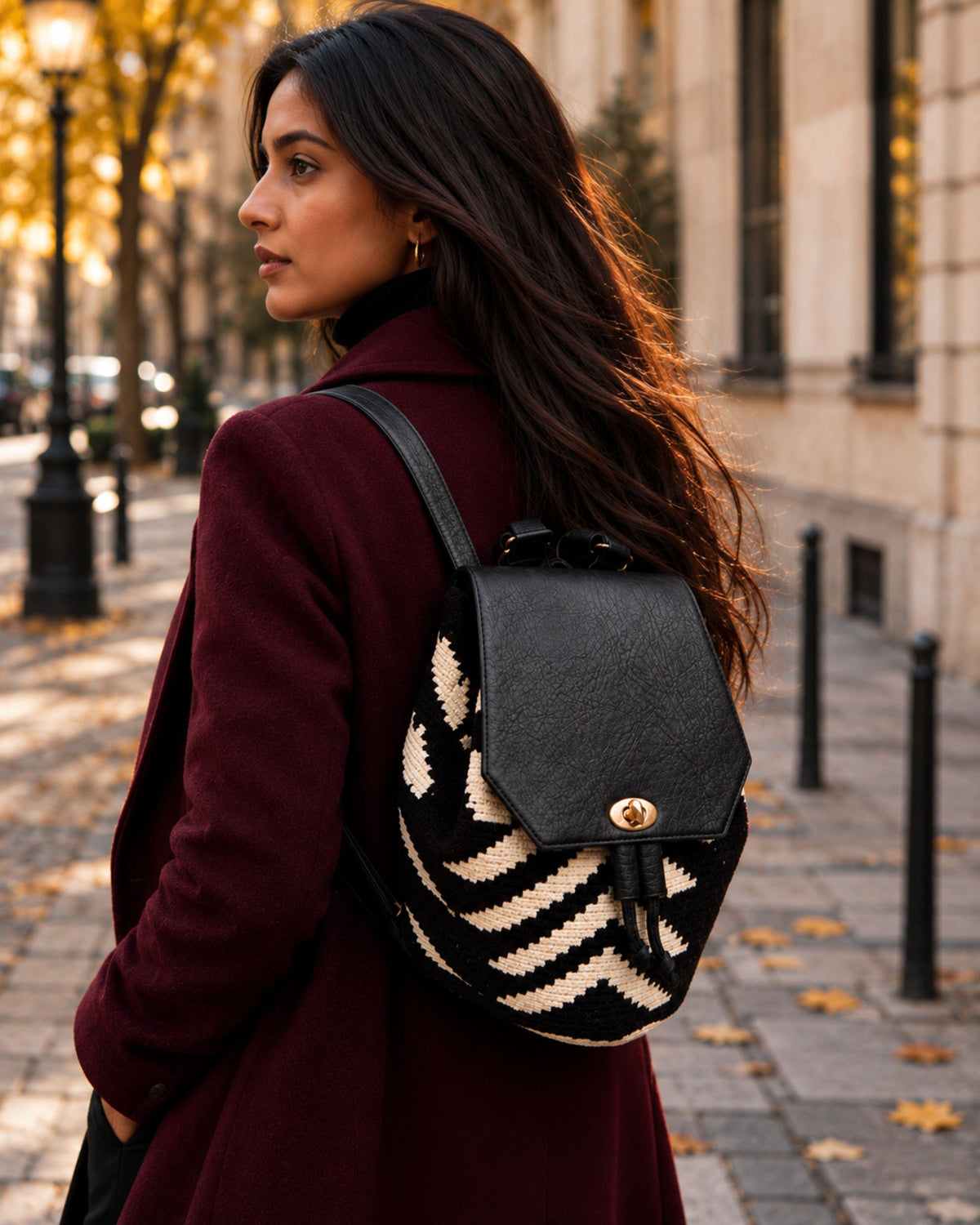 3.	Maresa Black & White Wayuu Crochet Flap Backpack autumn lifestyle 