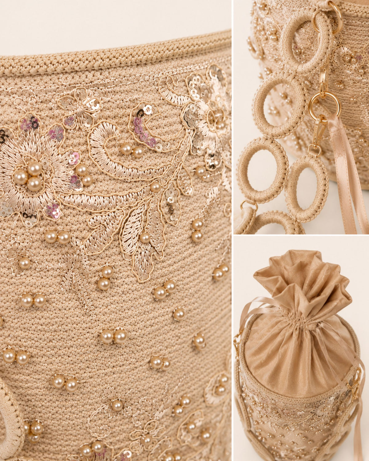Close-up of champagne occasion bag with floral embroidery, pearls, sequins and circular crochet strap 
