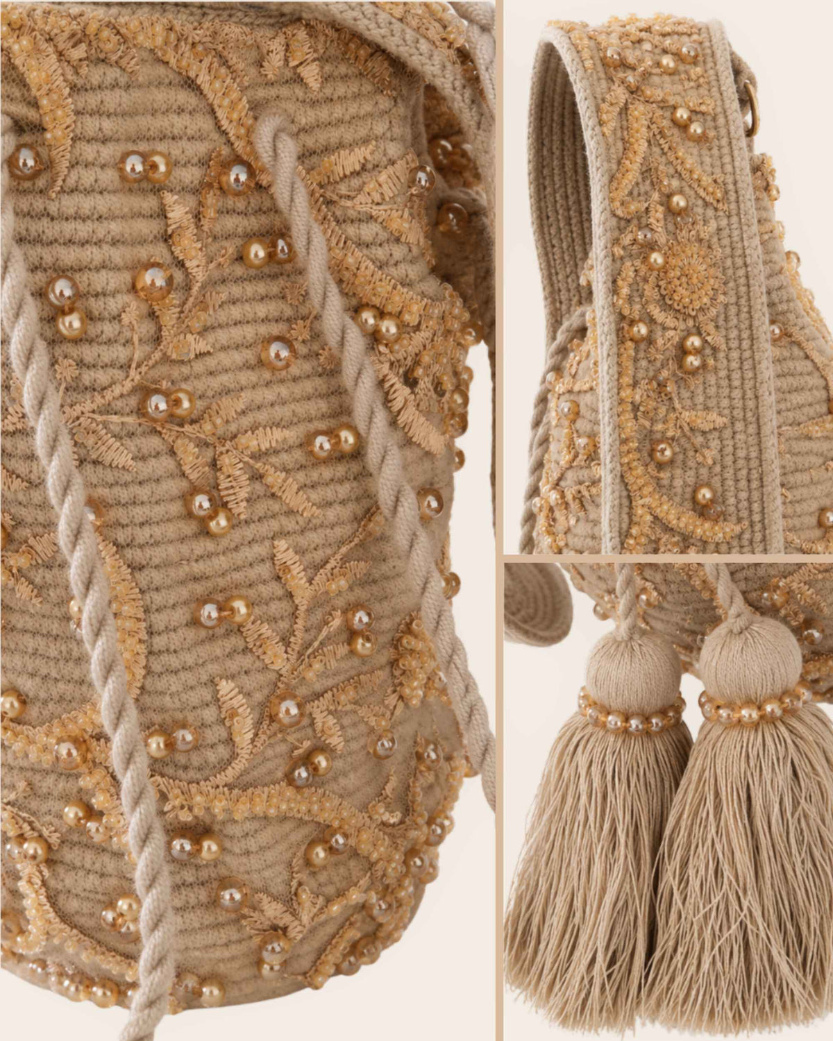 Close-up details of beige Maresa occasion bag showing hand-applied gold beadwork, botanical embroidery and handmade tassels. 