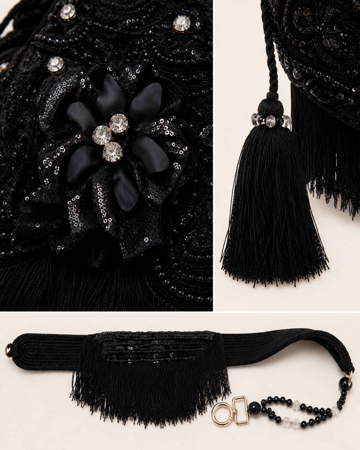 Maresa Midnight Noir Floral Embellished Handmade Occasion Bag with floral embellishment and tassel details 