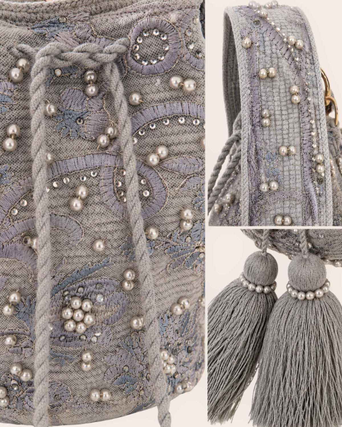 Close-up details of pearl grey occasion bag with botanical motifs, pearl-effect beads and handmade tassels 