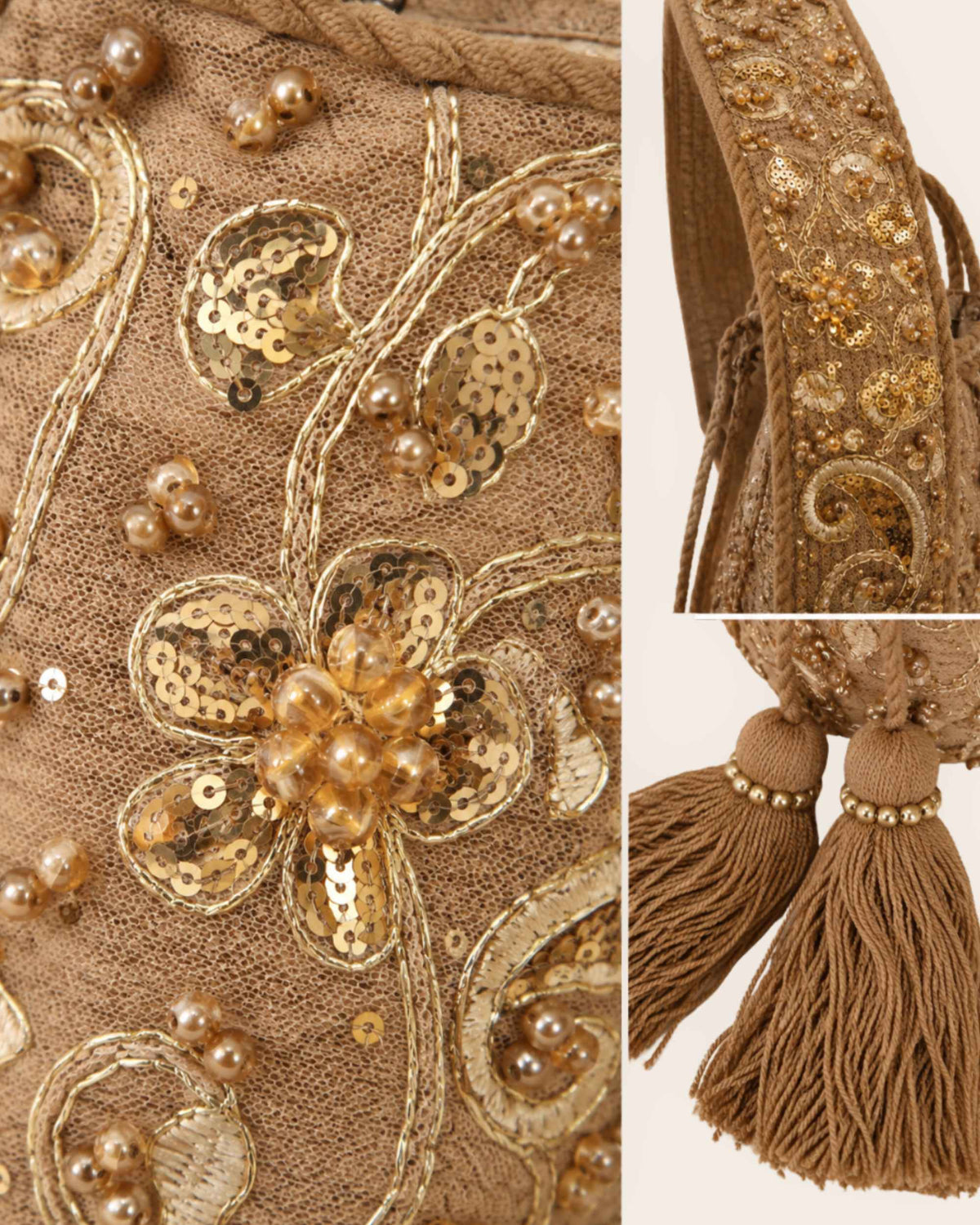 Close-up of champagne gold occasion bag with floral sequins, beadwork, metallic thread and handmade tassels 