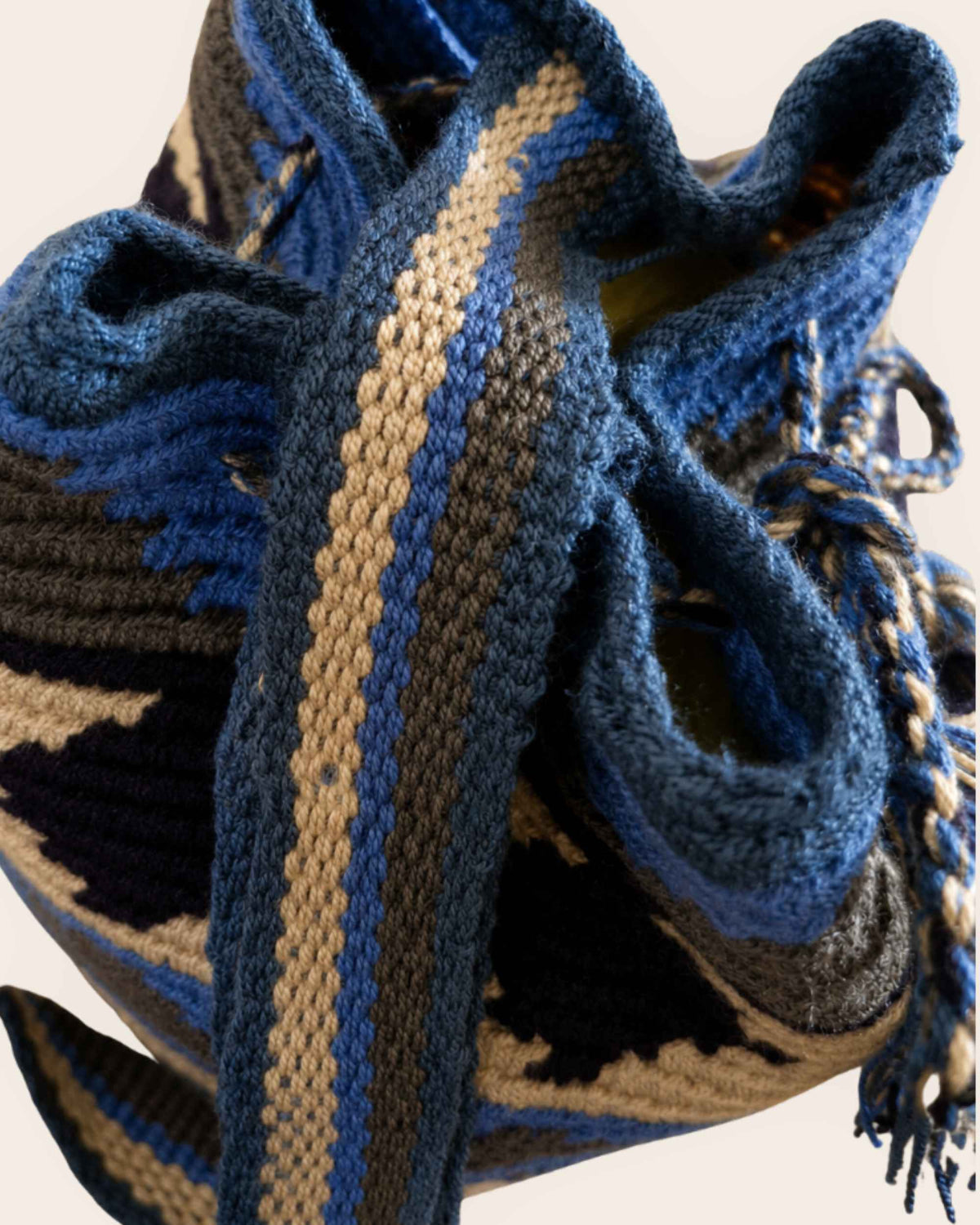 Handwoven shoulder strap detail on the Cobalt Blue Wayuu Crochet Mini Mochila