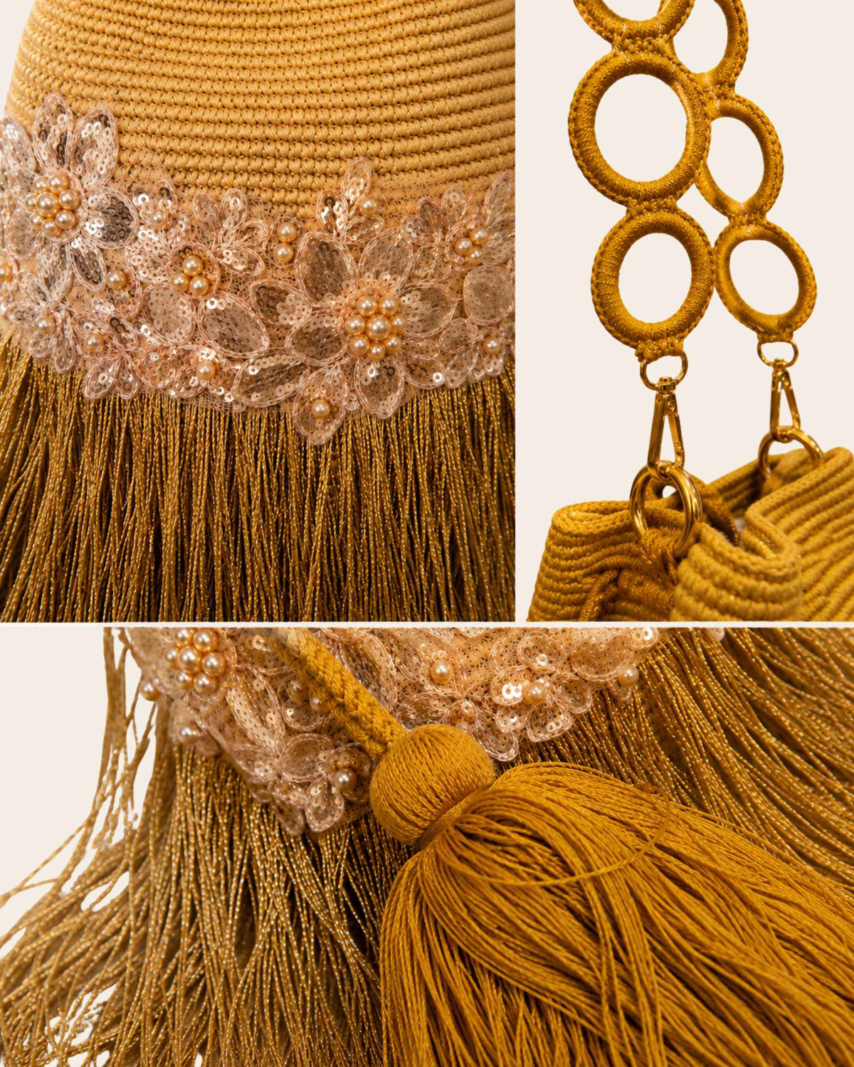 Maresa Golden Ochre Fringe Embellished Handmade Occasion Bag embellishment and fringe detail 