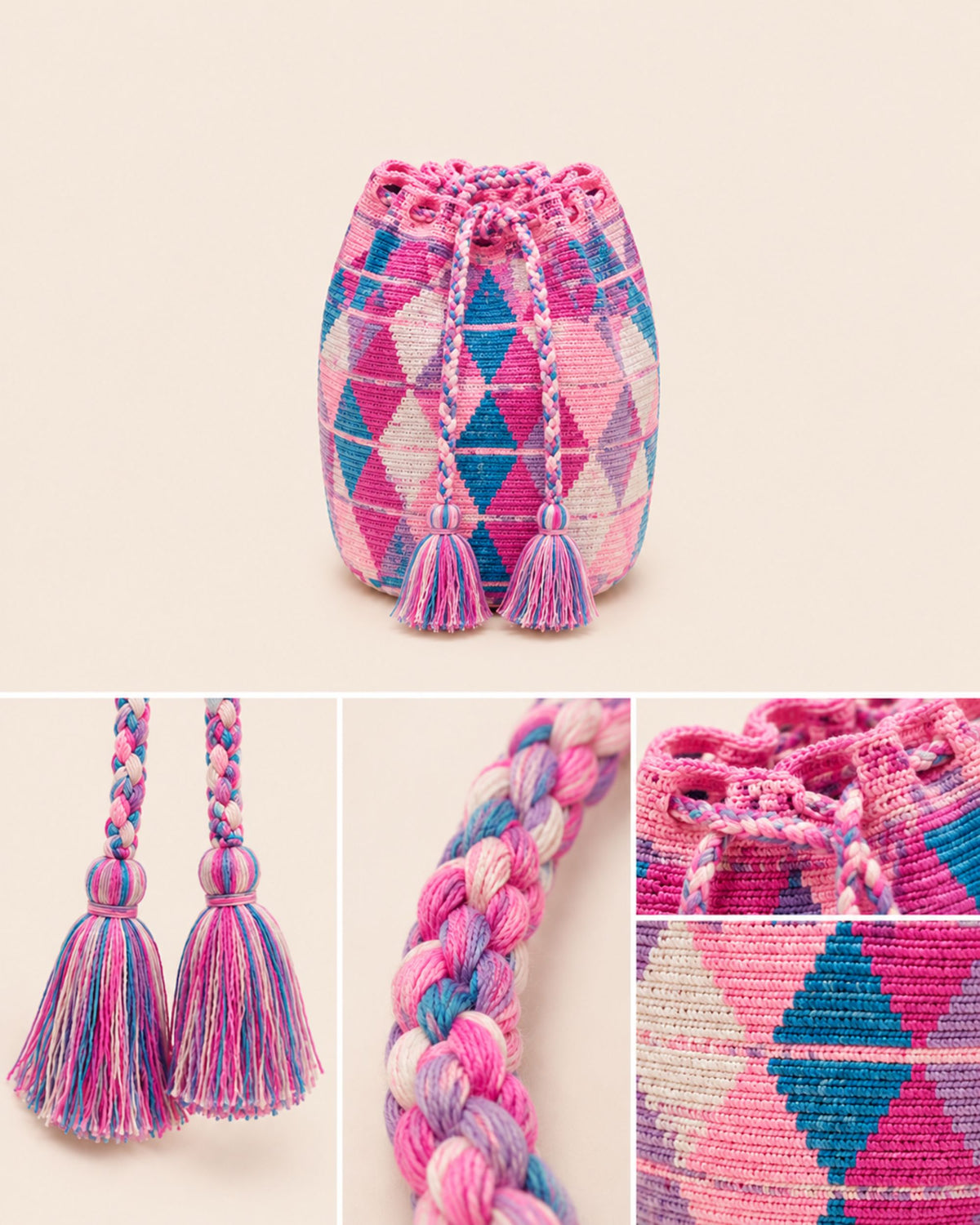 Back view of the Maresa Pink Diamond Handwoven Drawstring Backpack 
