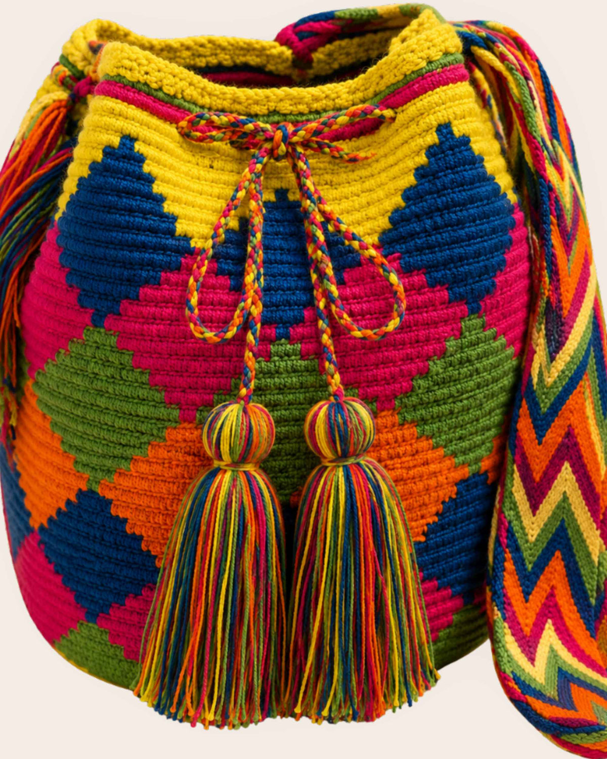 Maresa Multicolour Diamond Pattern Wayuu Crochet Classic Mochila braided drawstring and tassel detail
