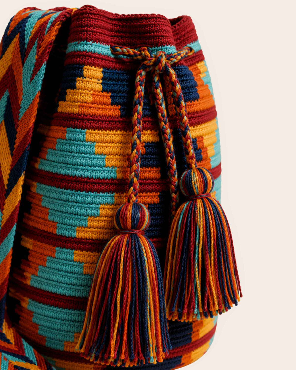 Maresa Sutum Multicolour Diamond Pattern Wayuu Crochet Classic Mochila braided drawstring and tassel detail
