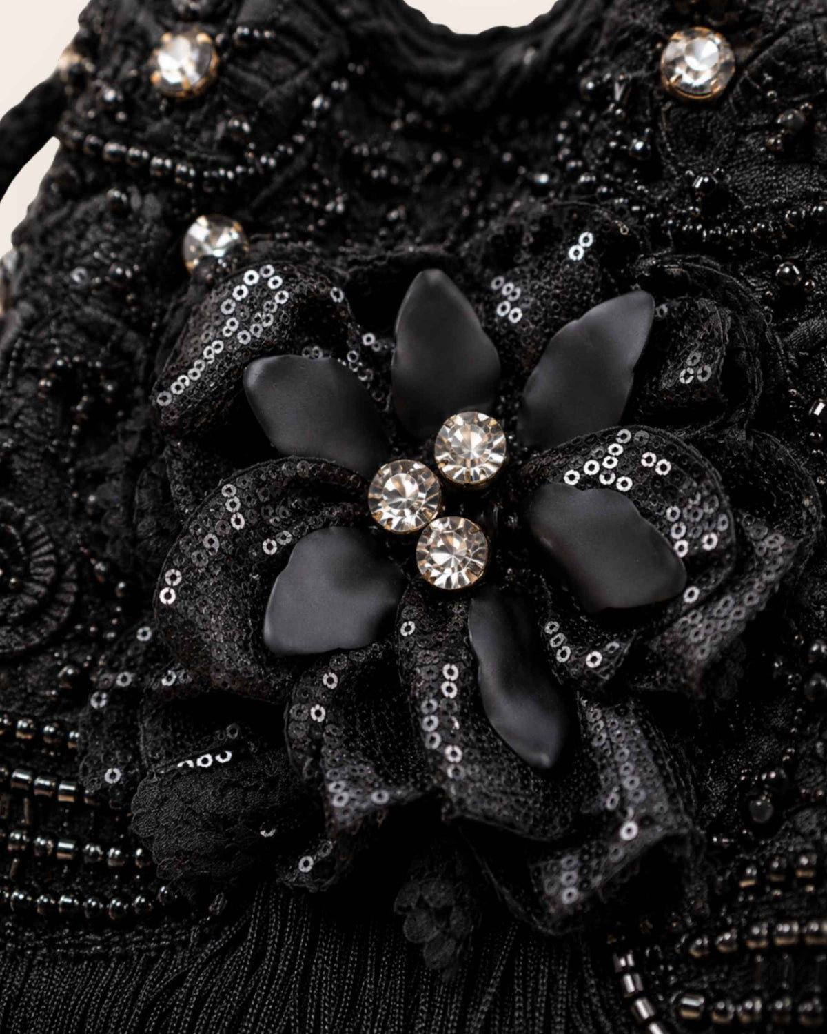 Maresa Midnight Noir Floral Embellished Handmade Occasion Bag hardware and Maresa engraved charm 