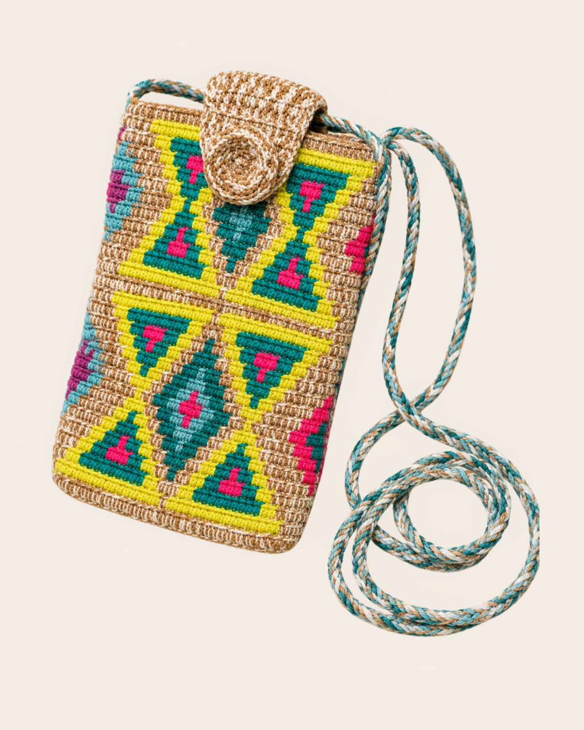 Handmade mini crossbody bag with colourful geometric pattern and braided shoulder strap 