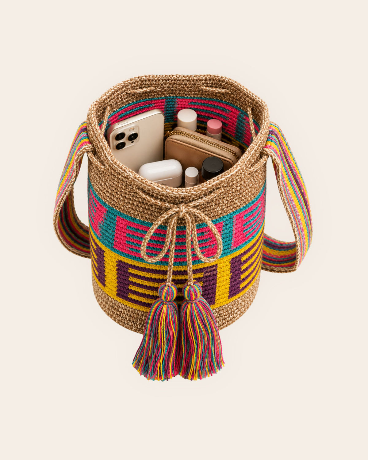 Interior capacity of the Camel Multi-Colour Wayuu Crochet Mini Mochila