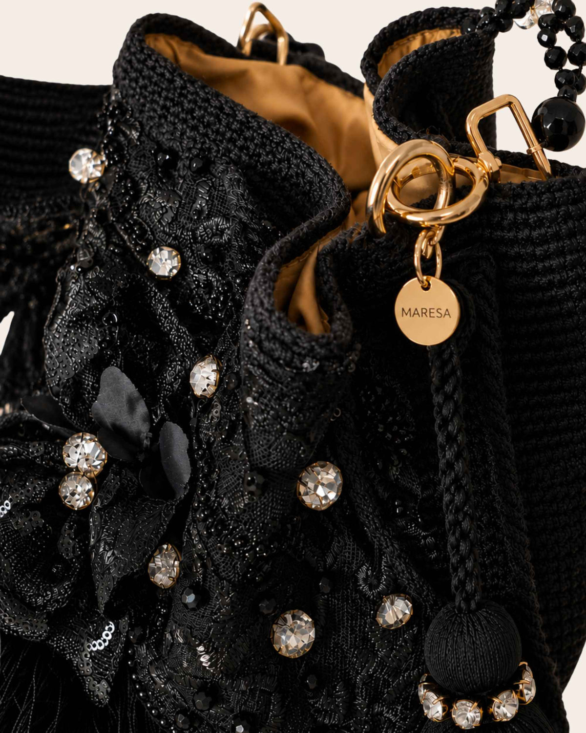 Maresa Midnight Noir Floral Embellished Handmade Occasion Bag premium hardware close-up 