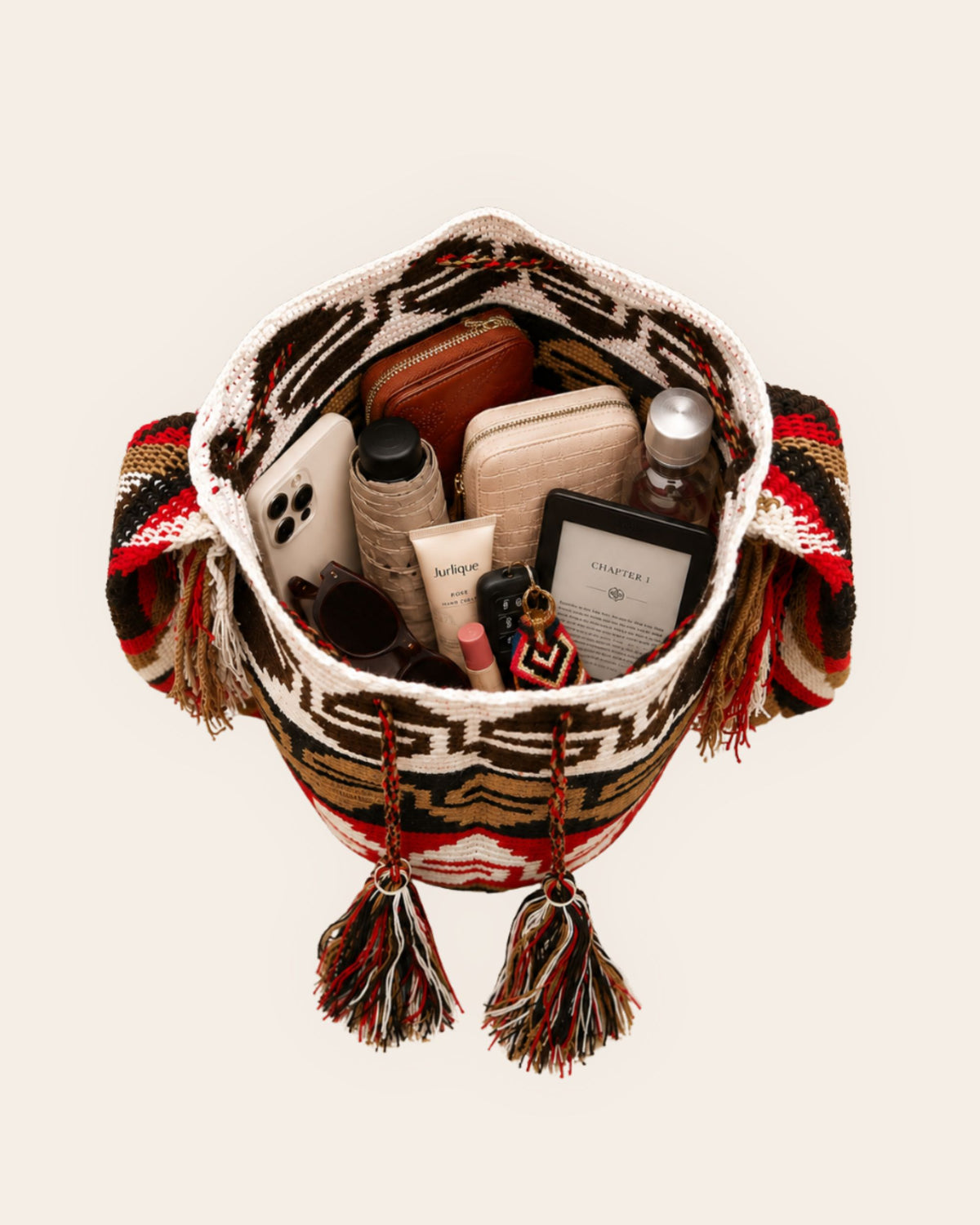 Maresa Red, Camel & Black Maze Pattern Wayuu Crochet Classic Mochila braided drawstring and tassel detail