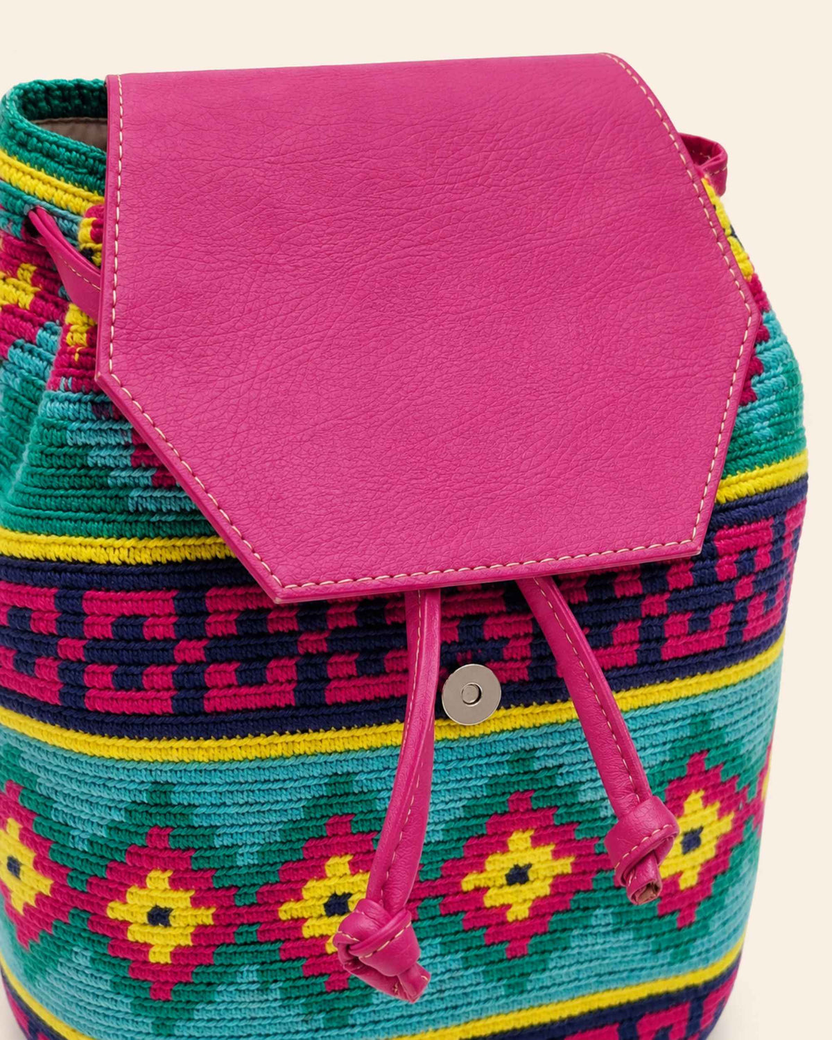 6.	Interior of Maresa Fuchsia & Turquoise Wayuu Crochet Flap Backpack 