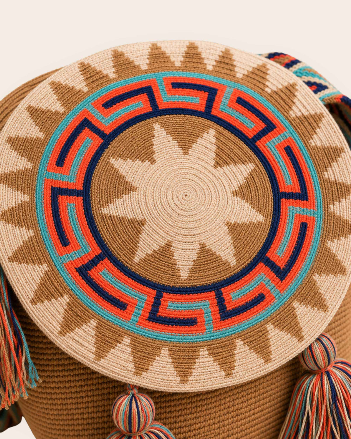 Circular geometric crochet flap detail on Camel Multi Wayuu artisan bag