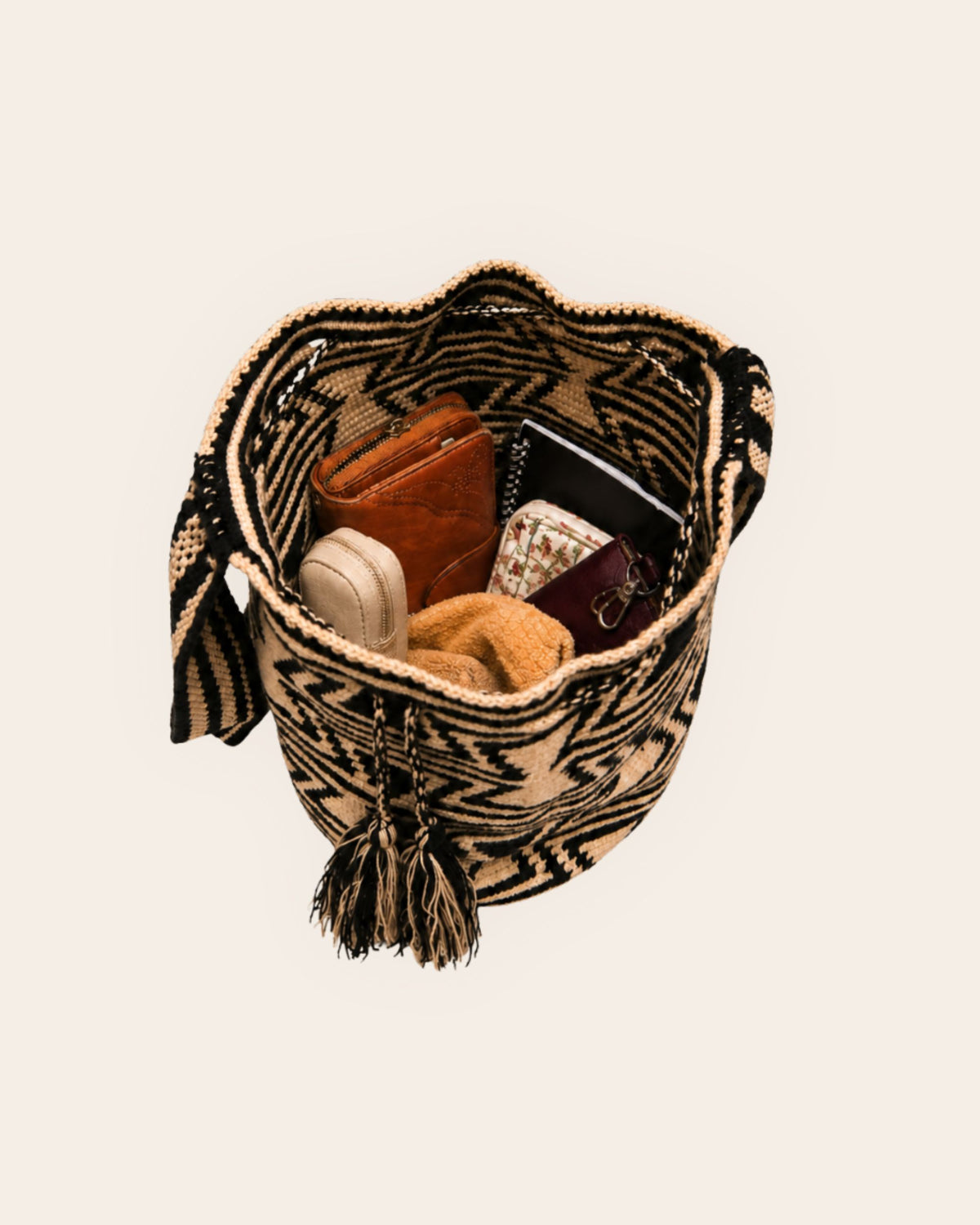 Spacious interior of Sand and Black Wayuu Crochet Classic Mochila