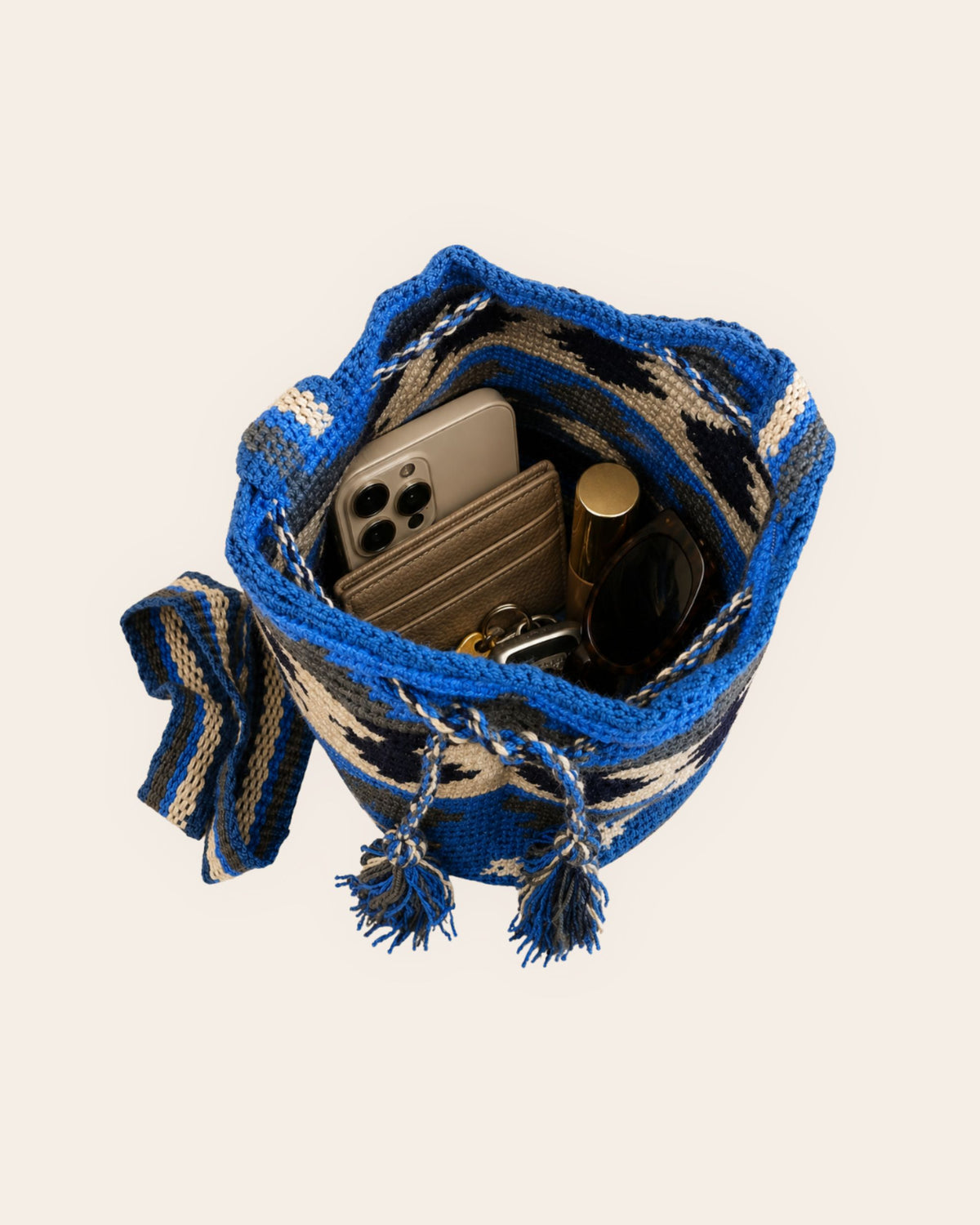Interior capacity of the Cobalt Blue Wayuu Crochet Mini Mochila