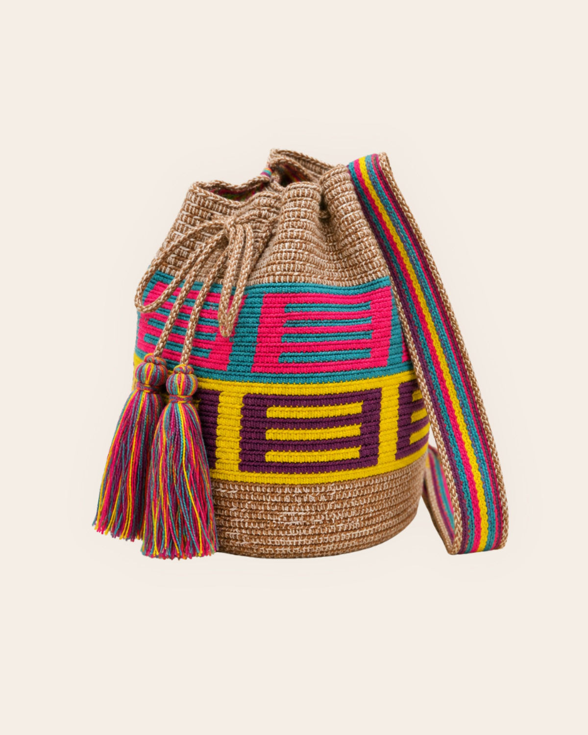 Side profile of the Camel Multi-Colour Wayuu Crochet Mini Mochila