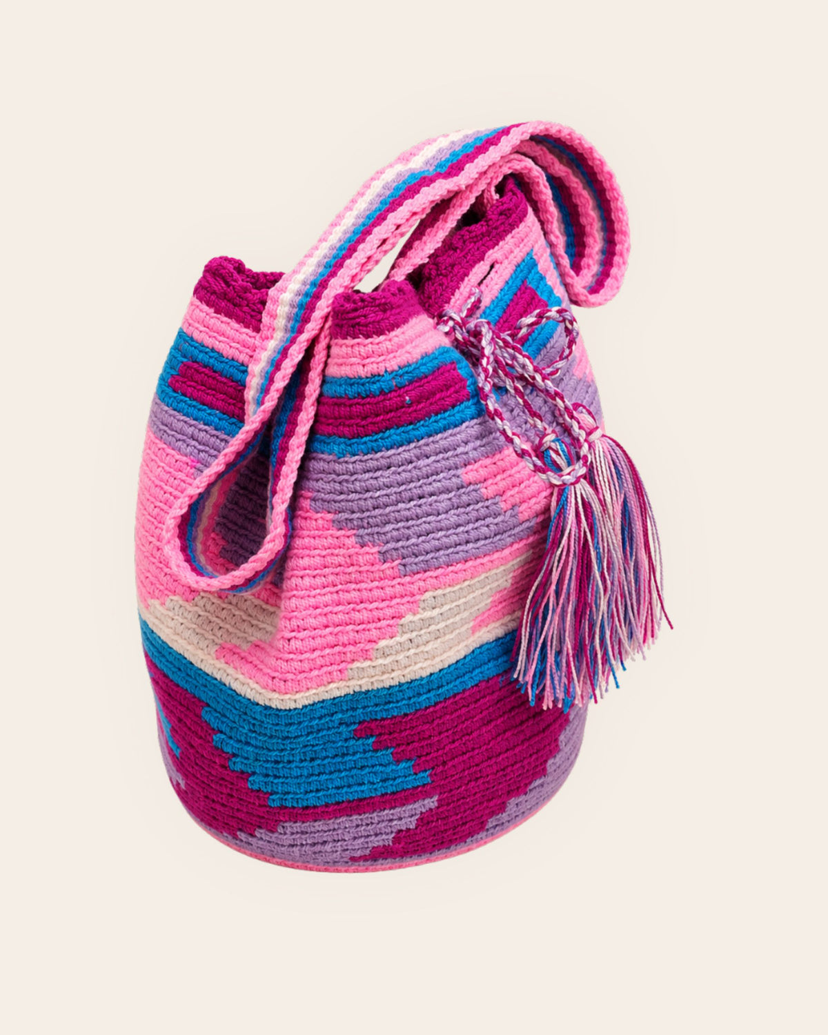 Side profile of the Maresa Orchid Lagoon Wayuu Crochet Mochila.