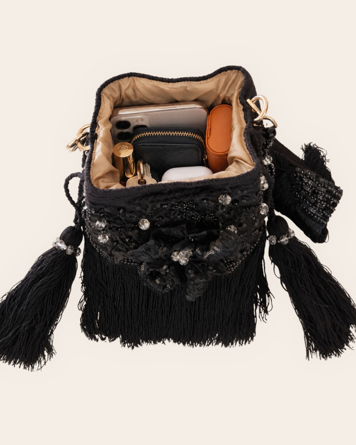 Maresa Midnight Noir Floral Embellished Handmade Occasion Bag interior capacity 