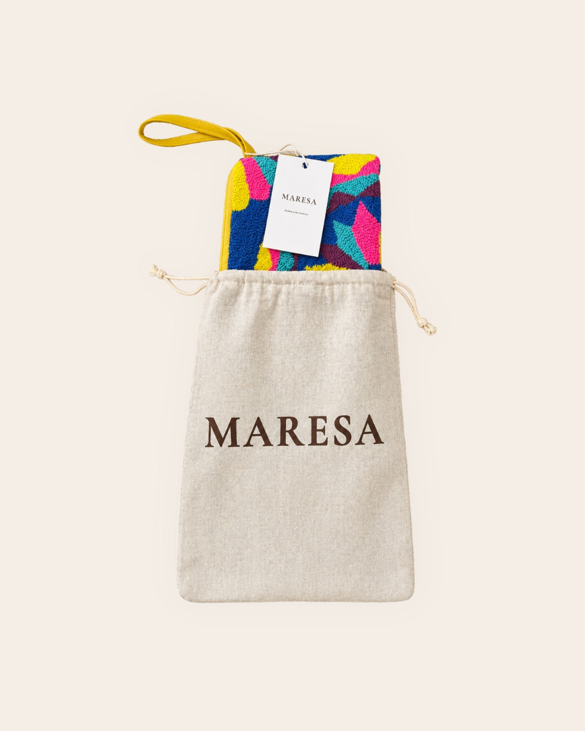 Maresa Blue & Pink Mandala handcrafted tapestry clutch with branded tag and linen dust bag