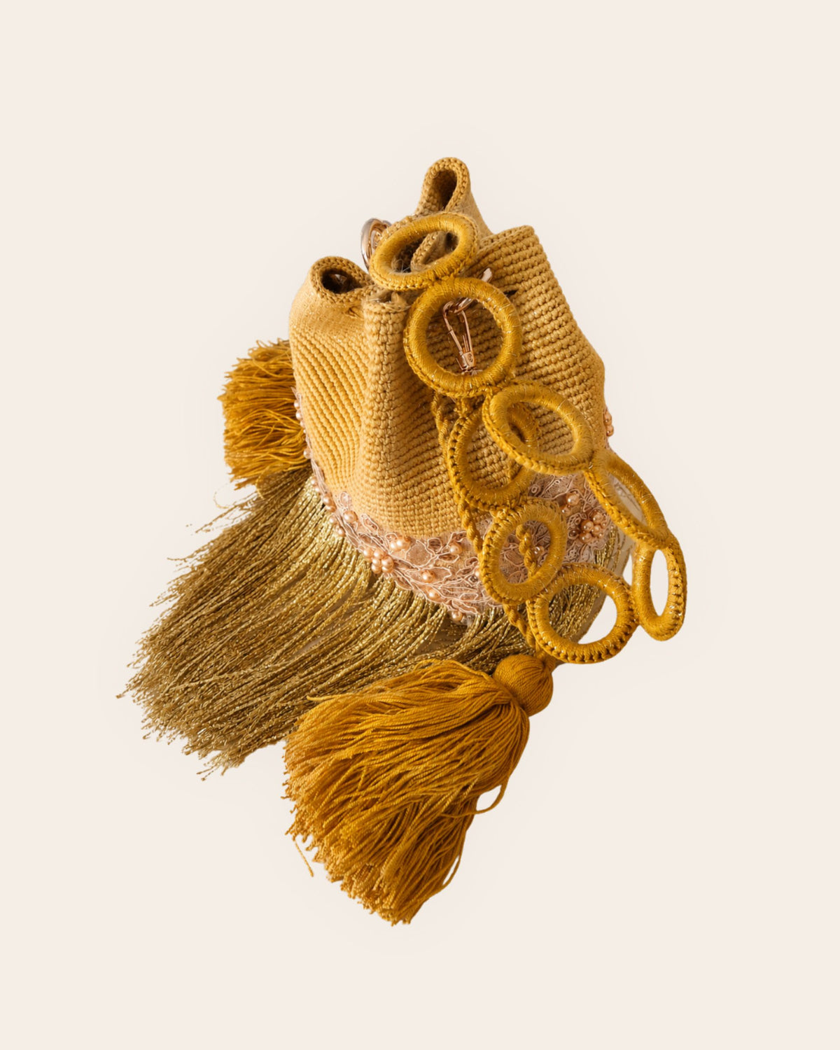 Maresa Golden Ochre Fringe Embellished Handmade Occasion Bag side profile 