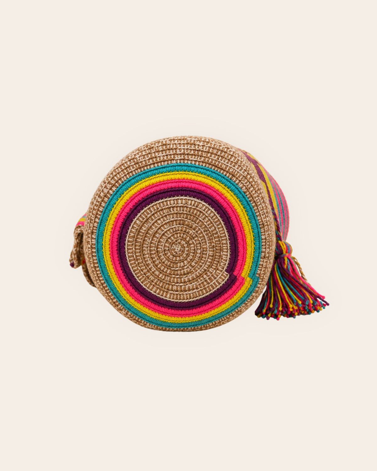 Circular handmade crochet base of the Camel Multi-Colour Wayuu Crochet Mini Mochila