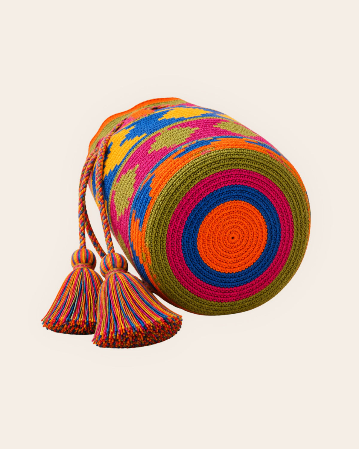 Circular handmade crochet base of the Maresa Orange, Blue & Fuchsia Wayuu Crochet Mochila.