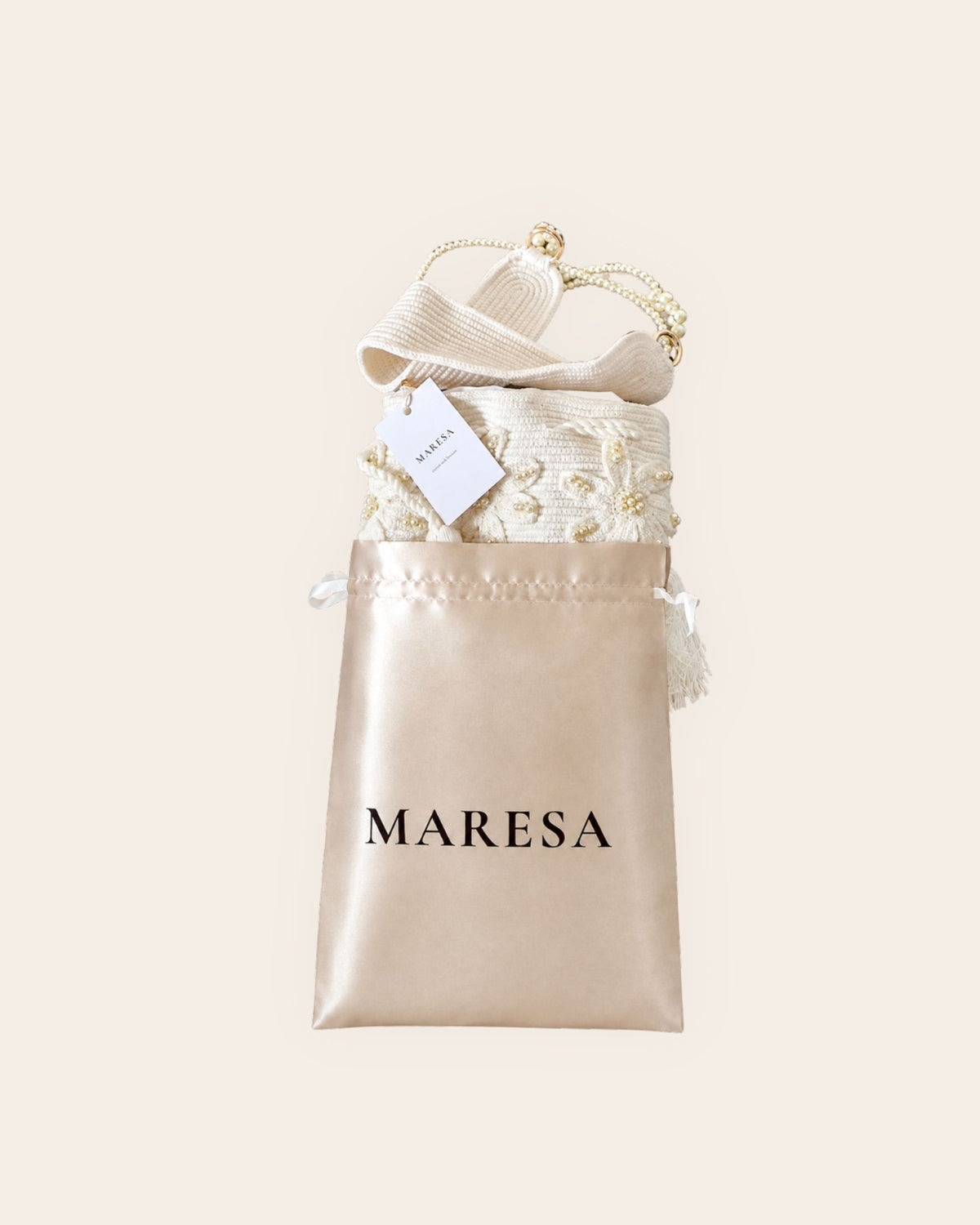 Maresa Ivory Pearl Blossom Embellished Handmade Occasion Bag with satin dust bag 