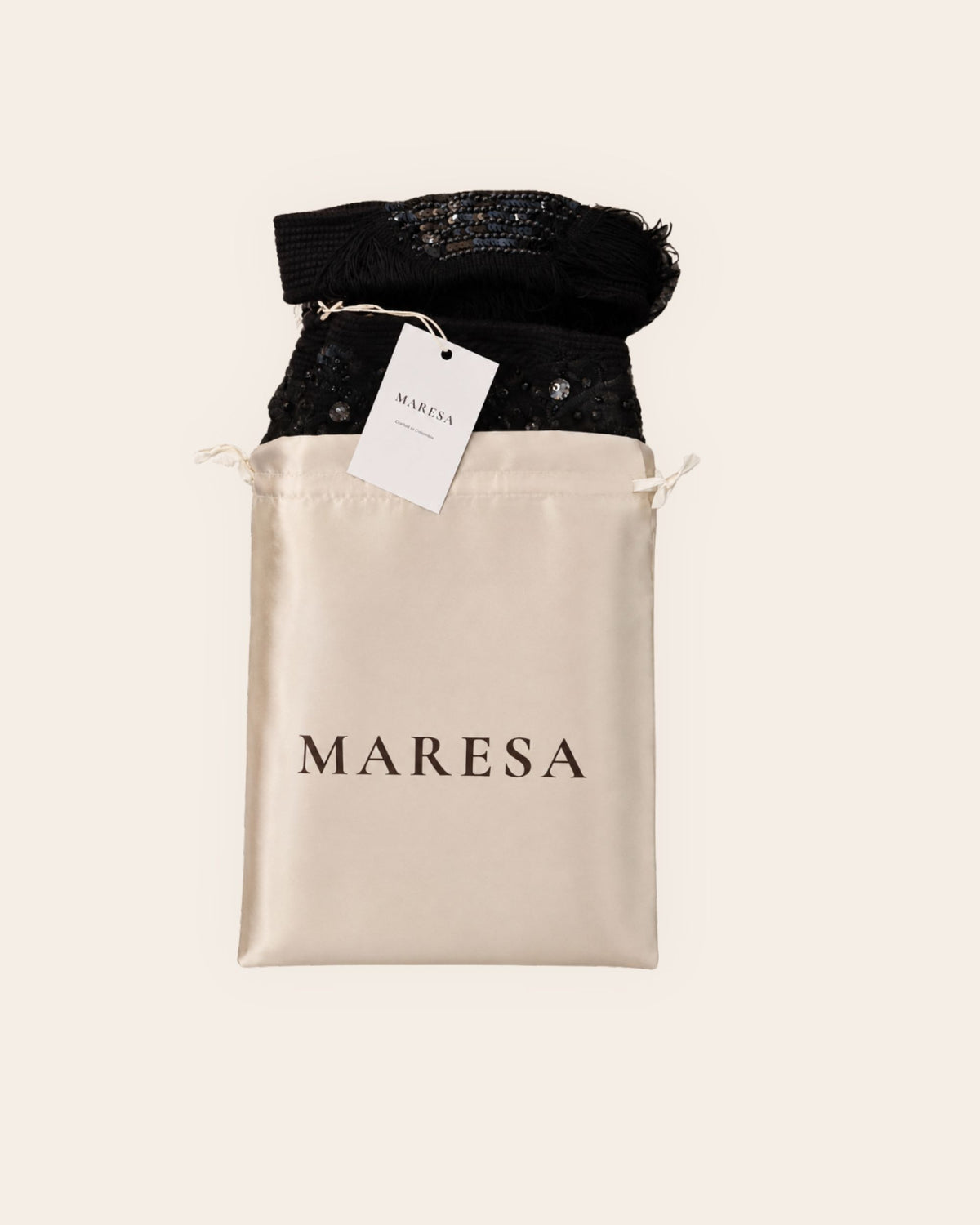 Maresa Midnight Noir Floral Embellished Handmade Occasion Bag with Maresa satin storage bag 
