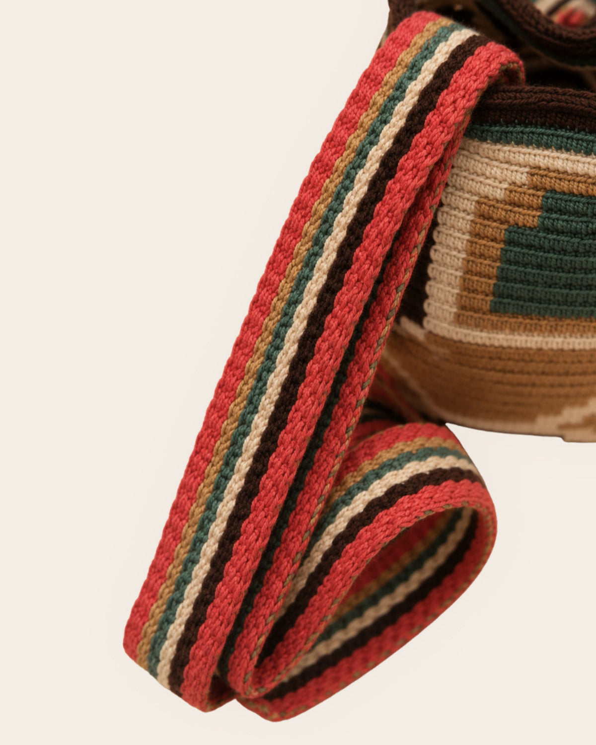 Handwoven shoulder strap detail on the Forest Mosaic Wayuu Crochet Mini Mochila