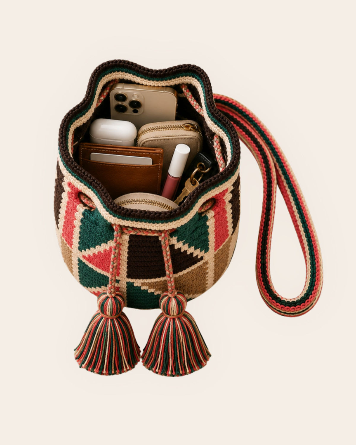 Interior capacity of the Forest Mosaic Wayuu Crochet Mini Mochila