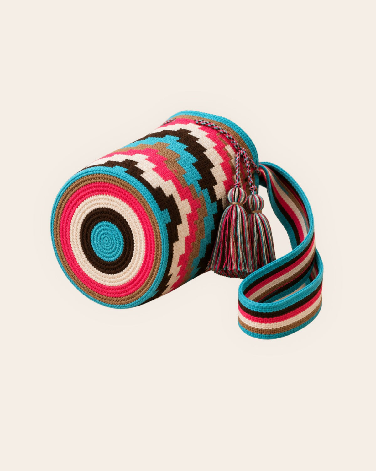 Circular handmade crochet base of the Maresa Turquoise, Fuchsia & Chocolate Wayuu Crochet Mochila.