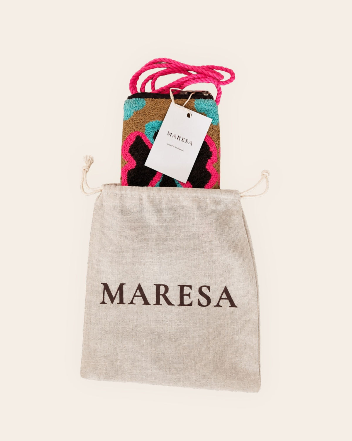 Maresa Blue & Pink Mandala handcrafted tapestry clutch with branded tag and linen dust bag